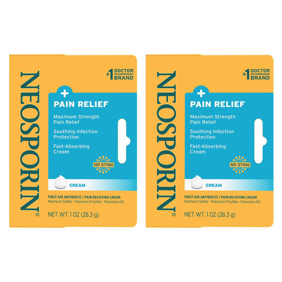 Picture of Neosporin + Maximum-Strength Pain Relief Dual Action Cream, First Aid Topical Antibiotic & Analgesic for Wound Care of Minor Cuts, Scrapes & Burns, Polymyxin B & Pramoxine HCl, 2 x 1 oz