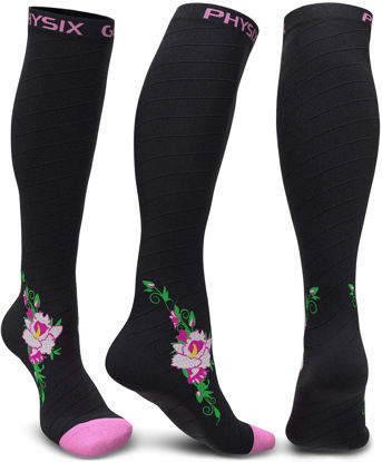 Picture of Physix Gear Compression Socks for Men & Women 20-30 mmhg, Best Graduated Athletic Fit for Running Nurses Shin Splints Flight Travel & Pregnancy - Boost Stamina Circulation - Pink Flower XXL