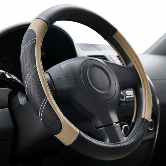 Picture of Elantrip Steering Wheel Cover Leather 15 1/2 to 16 inch Universal Large Soft Grip Breathable for Car Truck SUV Jeep Anti Slip Beige