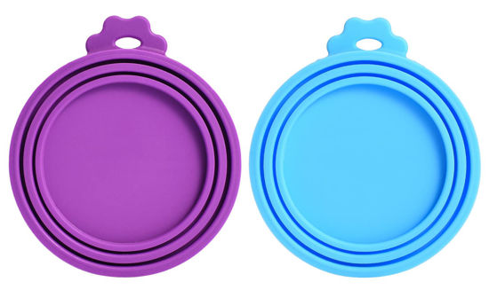 Picture of Comtim Pet Food Can Cover Silicone Can Lids for Dog and Cat Food(Universal Size,One fit 3 Standard Size Food Cans) (Blue/Purple)