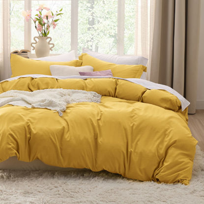 Picture of Bedsure Mustard Yellow Duvet Cover Queen Size - Soft Prewashed Queen Duvet Cover Set, 3 Pieces, 1 Duvet Cover 90x90 Inches with Zipper Closure and 2 Pillow Shams, Comforter Not Included