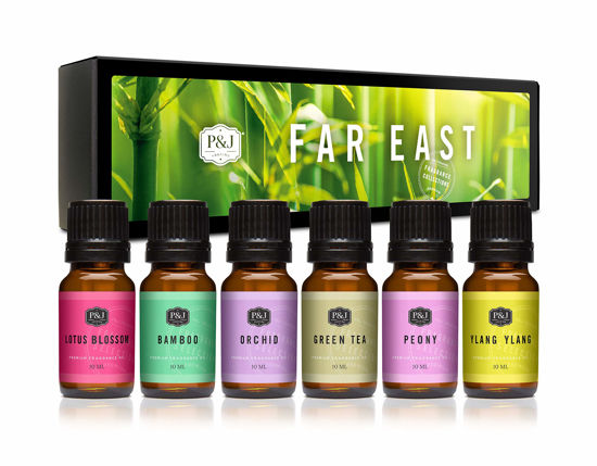 Picture of P&J Fragrance Oil Far East Set | Ylang Ylang, Green Tea, Lotus Blossom, Orchid, Bamboo, and Peony Candle Scents for Candle Making, Freshie Scents, Soap Making Supplies, Diffuser Oil Scents