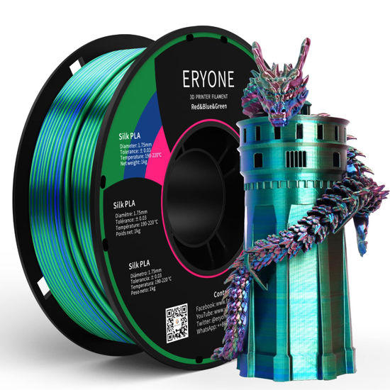 GetUSCart- ERYONE Silk Tri-Color Coextrusion PLA Filament,3D Printer 1.75mm,+/-0.03mm,  Triple Color Filament 1KG(2.2lbs), Silk Red,Blue and Green