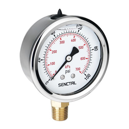 Picture of SENCTRL 100 Psi Lead-Free Glycerin Liquid Filled Low Pressure Gauge, 2.5" Dial Size, 1/4" NPT Lower Mount, Stainless Steel Case, for Home Potable Water Pump, Air, Well, RV Hose, Pressure Test