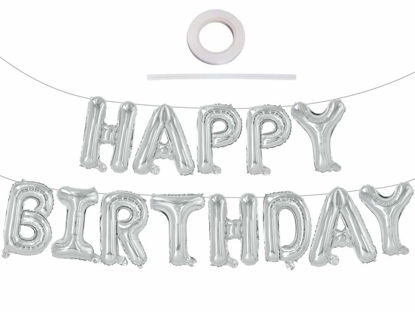 Picture of TONIFUL Silver Happy Birthday Balloons Banner, 16 Inch Mylar Foil Letters Sign Bunting Reusable Ecofriendly Material for Girls Boys Kids & Adults Birthday Decorations Party Supplies