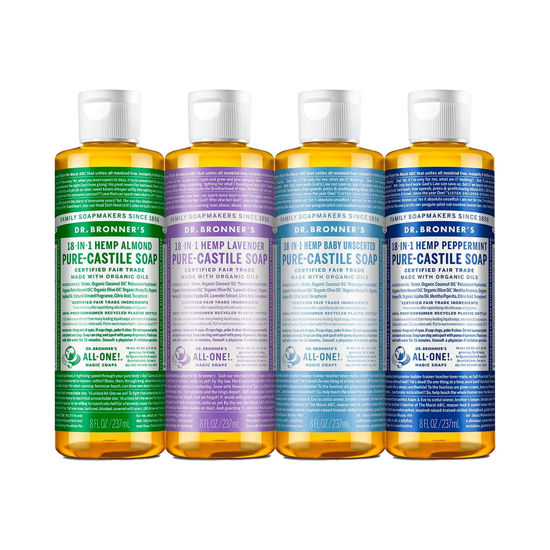 Picture of Dr. Bronner's - Pure-Castile Liquid Soap (8 oz Variety Pack) Peppermint, Lavender, Almond & Baby Unscented - Made with Organic Oils, 18-in-1 Uses: Face, Body, Hair, Laundry, Pets and Dishes | 4 Count