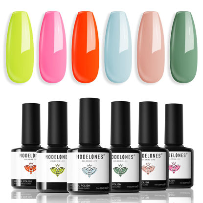 Picture of modelones Gel Nail Polish Set - 6 Colors Neon Bright Gel Polish Kit 2023 Summer Pink Neon Yellow Orange Nail Polish Gel Sage Green Blue Gel Nail Kit Soak Off LED Rainbow Festival Gifts for Girls Women