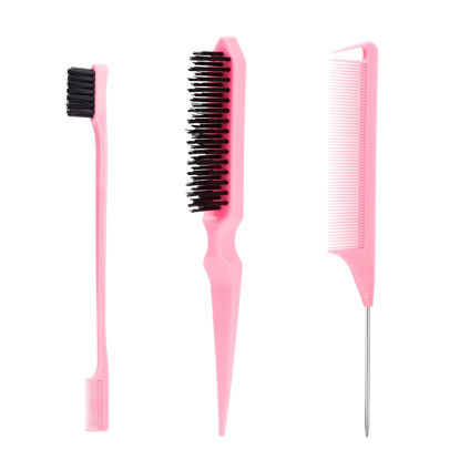 Picture of SWEET VIEW 3 Pcs Slick Back Hair Brush Set with 1 Pcs Edge Brush 1 Pcs Bristle Hair Brush 1 Pcs Rat Tail Comb, Teasing Brush Set for Smoothing Baby Hair & Flyaways - Pink