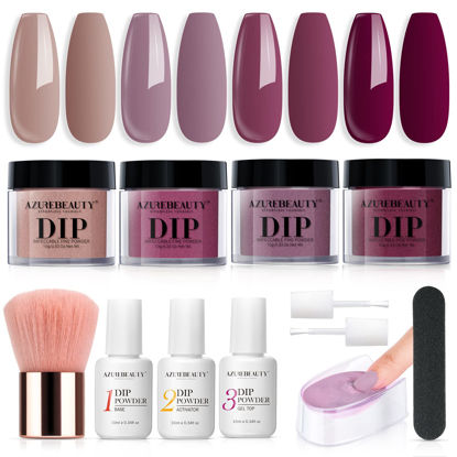 Picture of Dip Nails Powder Starter Kit, AZUREBEAUTY 4 Colors Intellectual lady Brown Purple Dipping Powder Set with Base & Top Coat Activator Recycling Tray for French Nail Art Manicure Salon DIY at Home