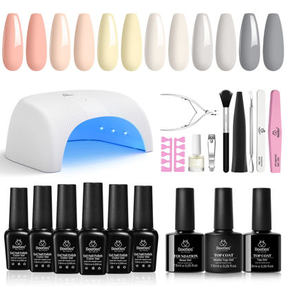 Picture of Beetles Gel Nail Polish Kit with Led Light Base Gel Top Coat, 6 Colors Grey Nude Gel Polish Starter Kit, Soak off LED Gel Polish Set DIY Manicure Home Nail Essentials