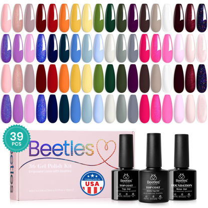 Picture of beetles Gel Polish 36 Colors Nail Set Versetile Color Palette Pastel Neon Bright Pink Yellow Blue Sparkle Glitter with 3Pcs Base Matte and Glossy Top All Seasons for Girls Women Golden Journey