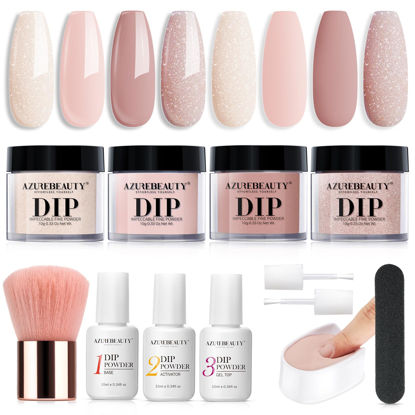 Picture of AZUREBEAUTY Dip Powder Nail Kit Starter, All Season Nude Skin Glitter 4 Colors Dipping Powder Liquid Set Recycling Tray with Base & Top Coat Activator for French Nail Art Manicure Salon DIY at Home.