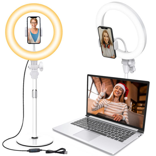 Picture of Video Conference Lighting for Laptop Computer, 10.5'' Selfie Ring Light with Stand and Phone Holder for Remote Working, Zoom Meeting Calls, Webcam Lighting, Live Streaming, Video Recording (White)