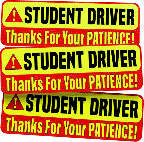 Picture of Student Driver Car Magnet Sticker Signs - Essential Magnetic New Driver Sign for Bumper - 3 Pack, 12 by 4" - Remind Others to Please Be Patient - Bright & Reflective Road Safety Sign for Rookies