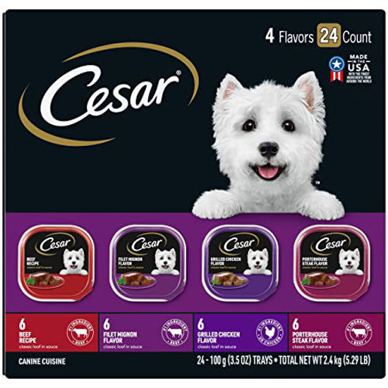 Picture of CESAR Wet Dog Food Classic Loaf in Sauce Beef Recipe, Filet Mignon, Grilled Chicken and Porterhouse Steak Variety Pack, (24) 3.5 oz. Easy Peel Trays