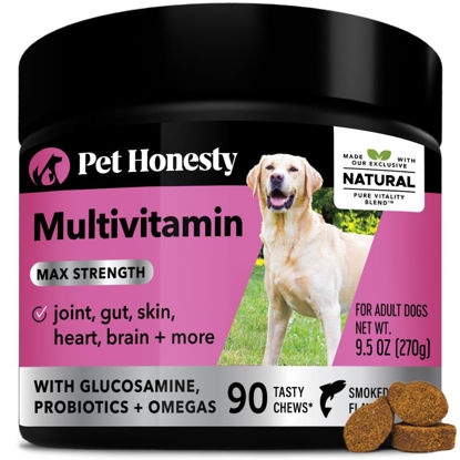 Picture of PetHonesty Multivitamin Max Strength Supplement with Glucosamine - 15 in 1 Dog Essentials - Vitamins for Dogs with Superfoods, Probiotics, Colostrum, Omega-3's, Daily Dog Health Supplies - (Salmon)