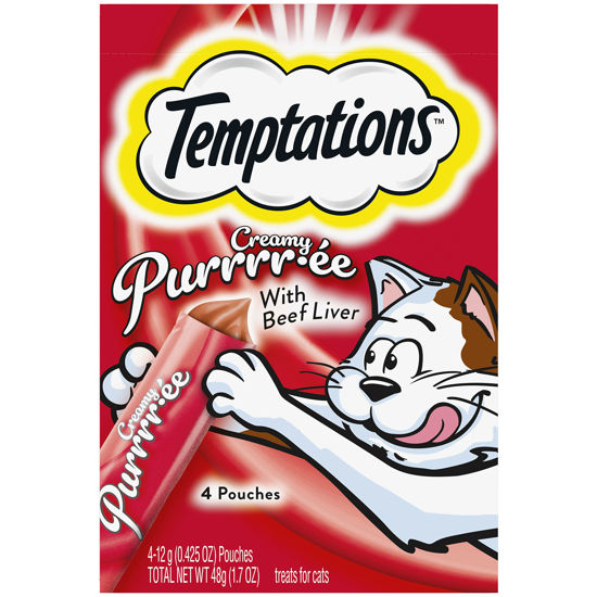 Picture of TEMPTATIONS Creamy Puree with Beef Liver Lickable Cat Treats, 0.42 oz Pouches, 4 Count (Pack of 11) - Total 44 Count