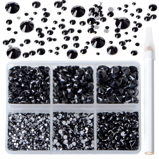 Picture of Bymitel 5000 Pieces 6 Mixed Sizes Glue Fix on  Glass Rhinestones Round Crystal Gems Flatback for DIY Jewelry Making with one Picking Pen(Mix: SS4-SS30/5000PCS, Black)