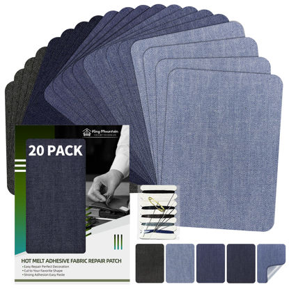 Picture of KING MOUNTAIN Iron-on Repair Patch 20 Pcs Pack,Denim Patches for Jeans Kit 3" by 4-1/4",100% Cotton Denim Iron-on Repair Patch,Jeans and Clothing Repair and Decoration Kit (Five Color 1.0)