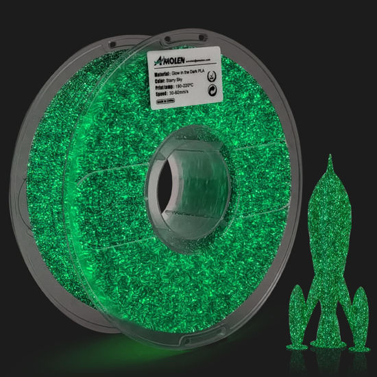 Picture of AMOLEN 3D Printer Filament, PLA Filament 1.75mm, Shiny Glow in The Dark Green Starry Sky 3D Printing Filament, 1kg(2.2lbs) Spool