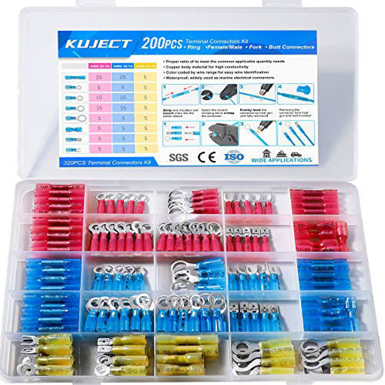 Picture of Kuject Heat Shrink Wire Connectors, Multipurpose Waterproof Electrical Wire Terminals kit, Insulated Crimp Connectors Ring Fork Spade Butt Splices for Automotive Marine Boat Truck (200PCS)