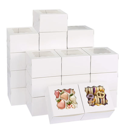 Picture of Moretoes 120pcs 4 Inches White Bakery Boxes Cookie Boxes with Window, Mini Bundt Cake Boxes, Small Treat Boxes for Cupcakes, Donuts, Candy, Baked Goods for Business, Baby Shower,Christmas（4x4x2.5）