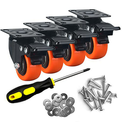 Picture of ASHGOOB 2" Caster Wheels Set of 4, Heavy Duty Casters with Brake, No Noise Locking Casters with Orange Polyurethane (PU) Wheels, Swivel Plate Castors Pack of 4