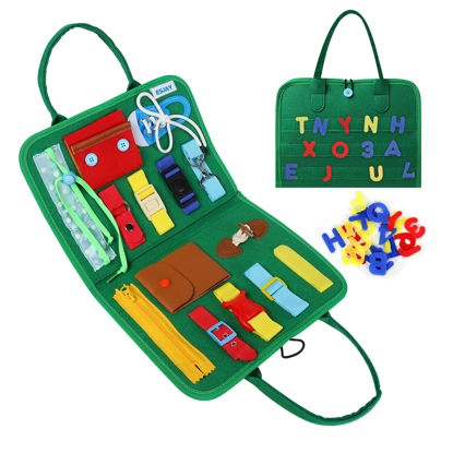 Picture of Esjay Toddler Busy Board, Montessori Toys to Learn Fine Motor Skill, Educational Sensory Board with Buckles, Toddler Activities for Travel Airplane Car(Green)