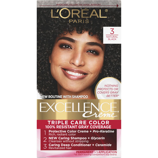 Picture of L'Oreal Paris Excellence Creme Permanent Triple Care Hair Color, 3 Natural Black, Gray Coverage For Up to 8 Weeks, All Hair Types, Pack of 1