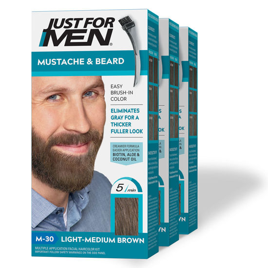 Picture of Just For Men Mustache & Beard, Beard Dye for Men with Brush Included for Easy Application, With Biotin Aloe and Coconut Oil for Healthy Facial Hair - Light-Medium Brown, M-30, Pack of 3