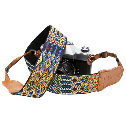 Picture of Colorful Camera Strap - Double Layer Cowhide Ends,2"Pure Cotton Embroidered Woven Camera Strap,Universal Neck & Shoulder Strap Adjustable for All DSLR / SLR Cameras,Gift for Photographers