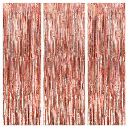 Picture of KatchOn, Rose Gold Fringe Curtain - XtraLarge 9.6x8 Feet, Pack of 3 | Rose Gold Backdrop for Birthday Party | Rose Gold Party Decorations | Rose Gold Tinsel Backdrop for Bachelorette Party Decorations