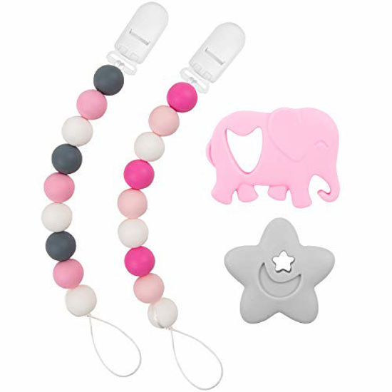 Picture of Babygoal Silicone Pacifier Clip for Girls, 2 Pack Teething Beads with Teething Toys fits Most Pacifier Styles, Soothie and Baby Gift 2GJL04-YJ