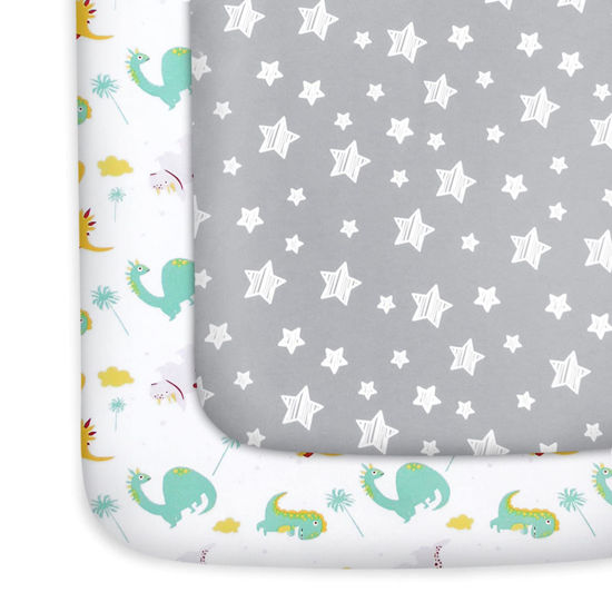 Picture of Pack and Play Sheets, 2 Pack Mini Crib Sheets, Stretchy Playard Fitted Sheet, Compatible with Graco Pack n Play, Soft and Breathable Material, Dinosaur and Grey Star