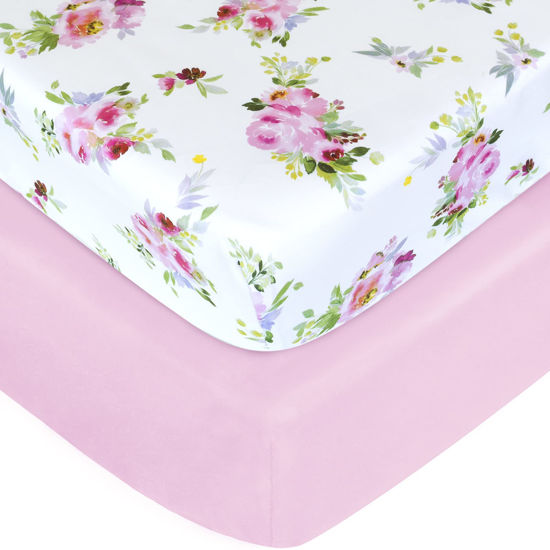 Picture of Crib Sheets Girls 2 Pack Floral, Fitted Crib Sheet for Standard Size Crib and Toddler Mattresses, Soft and Breathable Material, Floral