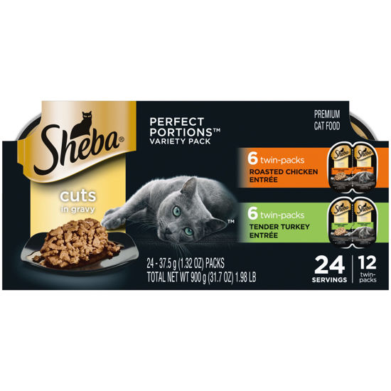 Picture of SHEBA PERFECT PORTIONS Cuts in Gravy Adult Wet Cat Food Trays (12 Count, 24 Servings), Roasted Chicken and Tender Turkey Entrée, Easy Peel Twin-Pack Trays