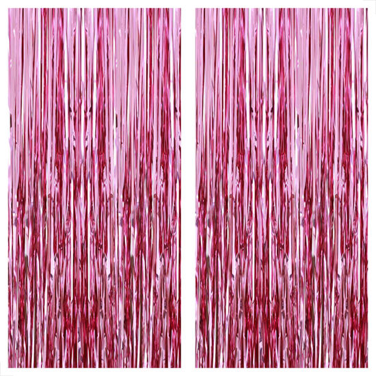 Picture of KatchOn, Pink Backdrop for Pink Party Decorations - XtraLarge 6.4x8 Feet, Pack of 2 | Pink Foil Fringe Curtain | Pink Fringe Backdrop for Pink Streamers Party Decorations, Pink Birthday Decorations