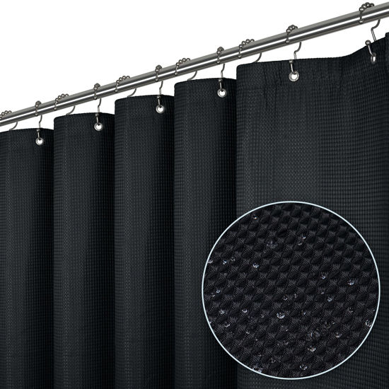 Picture of LiBa Waffle Weave Fabric Black Shower Curtain, 72” W x 72” H Water Repellent & Heavyweight, Hotel Quality & Machine Washable Cloth Linen Shower Curtains Set and Shower-Liner for Bathroom