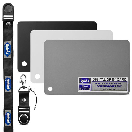 Picture of Opteka Pocket-Sized Grey Card White Balance Card 18% Exposure Photography Custom Calibration Camera Checker Set with Quick Release Lanyard for Video, Mirrorless, DSLR and Film