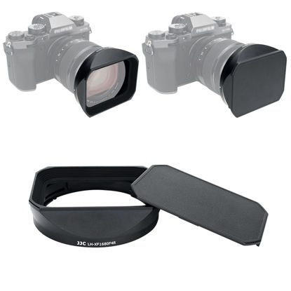 Picture of JJC Metal Square Bayonet Lens Hood Shade for Fuji Fujifilm Fujinon XF 16-80mm f/4 R OIS WR Lens on Fujifilm X-T5 XT5 X-T4 XT4 X-S10 XS10 X-T3 XT3 X-T2 XT2 X-H2 XH2 Camera, with Protective Hood Cap