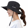 Picture of Women's Outdoor UV-Protection-Foldable Sun-Hats Mesh Wide-Brim Beach Fishing Hat with Ponytail-Hole (Black)