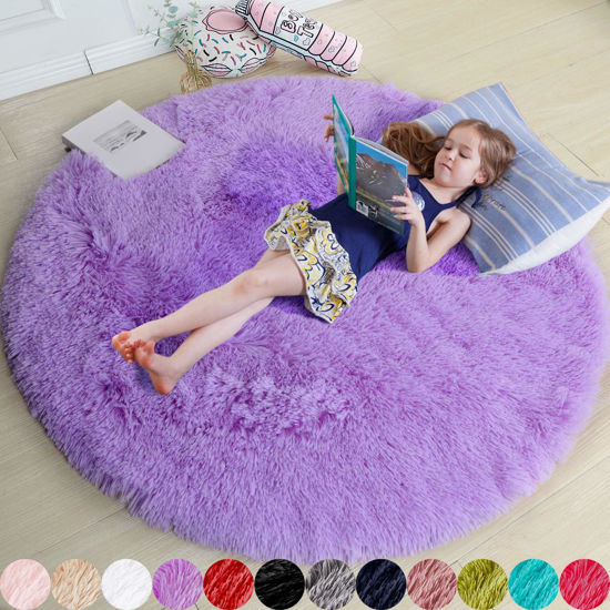 Picture of Purple Round Rug for Bedroom,Fluffy Circle Rug 5'X5' for Kids Room,Furry Carpet for Teen's Room,Shaggy Circular Rug for Nursery Room,Fuzzy Plush Rug for Dorm,Purple Carpet,Cute Room Decor for Baby