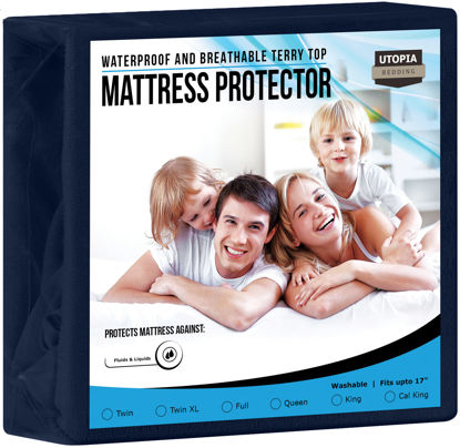 Picture of Utopia Bedding Premium Waterproof Terry Mattress Protector Queen 200 GSM, Mattress Cover, Breathable, Fitted Style with Stretchable Pockets (Navy)