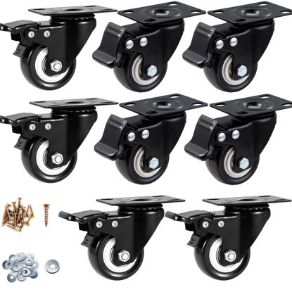 Picture of Casters, 2" Caster Wheels，Casters Set of 8 Heavy Duty - ASRINIEY Black Polyurethane Castors, Top Plate Swivel Wheels, 8-Pack Industrial Casters with Brake, Locking Casters for Furniture and Workbench