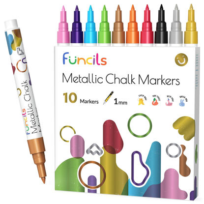 Picture of Funcils Metallic Liquid Chalk Markers for Chalkboard Signs, Blackboard, Window, Labels, Bistro, Glass, Car (10 Pack, 1mm) - Wet Wipe Erasable Ink Chalk Board Markers, Extra Fine Tip Liquid Chalk Pens