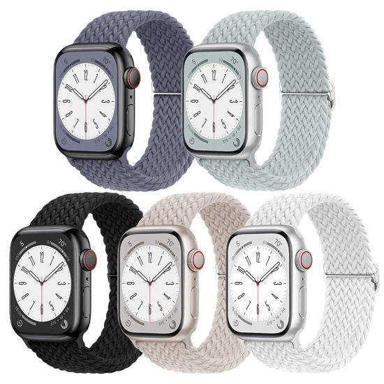 Picture of EOMTAM 5 Pack Braided Stretchy Adjustable Straps Compatible for Apple Watch Band 38mm 40mm 41mm 42mm 44mm 45mm 49mm for Women Men ,Sport Elastic Nylon Cloth Wristbands for iWatch Series Ultra 8 SE 7 6 5 4 3(White,44)