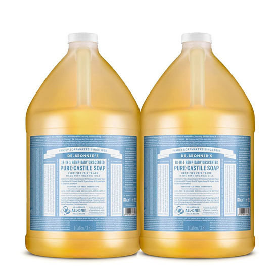 Picture of Dr. Bronner's - Pure-Castile Liquid Soap (Baby Unscented, 1 Gallon, 2-Pack) - Made with Organic Oils, 18-in-1 Uses: Face, Hair, Laundry and Dishes, For Sensitive Skin and Babies, No Added Fragrance