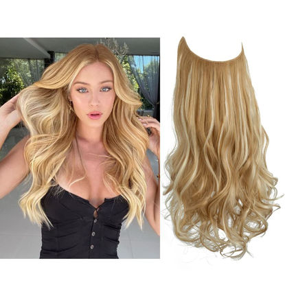 Picture of SARLA Invisible Wire Hair Extension Wavy Curly Long Synthetic Hairpiece Highlight 16 Inch Headband Adjustable for Women No Clip Golden Blonde/Beach Blonde