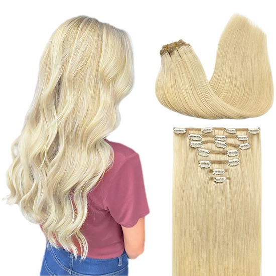 Picture of GOO GOO Hair Extensions Human Hair Clip in Extensions Bleach Blonde Hair Clip in Hair Extensions 7pcs 120g 16 Inch Straight Hair Clip in Extensions Natural Hair Extension Thick Hair