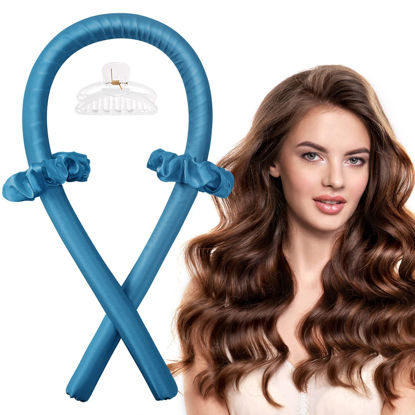 Picture of Heatless Hair Curling Rod Headband for Long Hair, No Heat Hair Curler Rollers Set can Sleep in Overnight, Satin Curl Ribbon Hair Wrap with Scrunchie and Hair Clips to Get Natural Waves Dark Blue